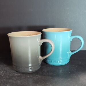 Le Crueset Lot Of 2 Gray/Teal Stoneware Coffee Mugs.